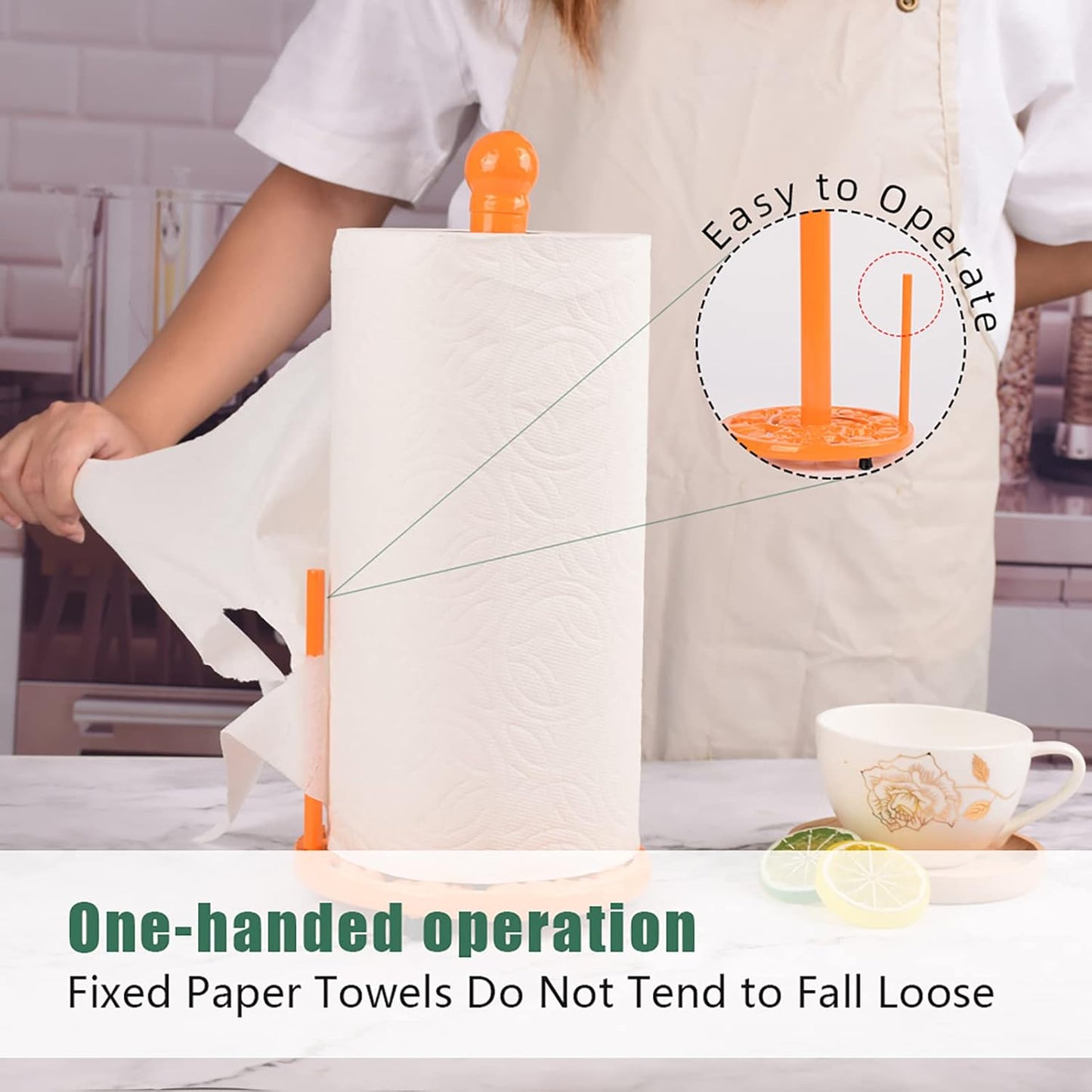 Cast Iron Paper Towel Holder, Vintage Chic Pumpkin Pattern Weighted Base Roll Paper Towel Holder Stand for Kitchen Bathroom Countertops, Orange