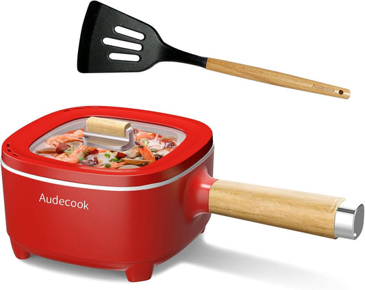 Audecook Hot Pot Electric 2L, Cermic Glaze Non-Stick Frying Pan 8 Inch, Portable Travel Cooker for Ramen/Steak/Fried Rice/Oatmeal/Soup, with Dual Power Control (Silicone Spatula Included)