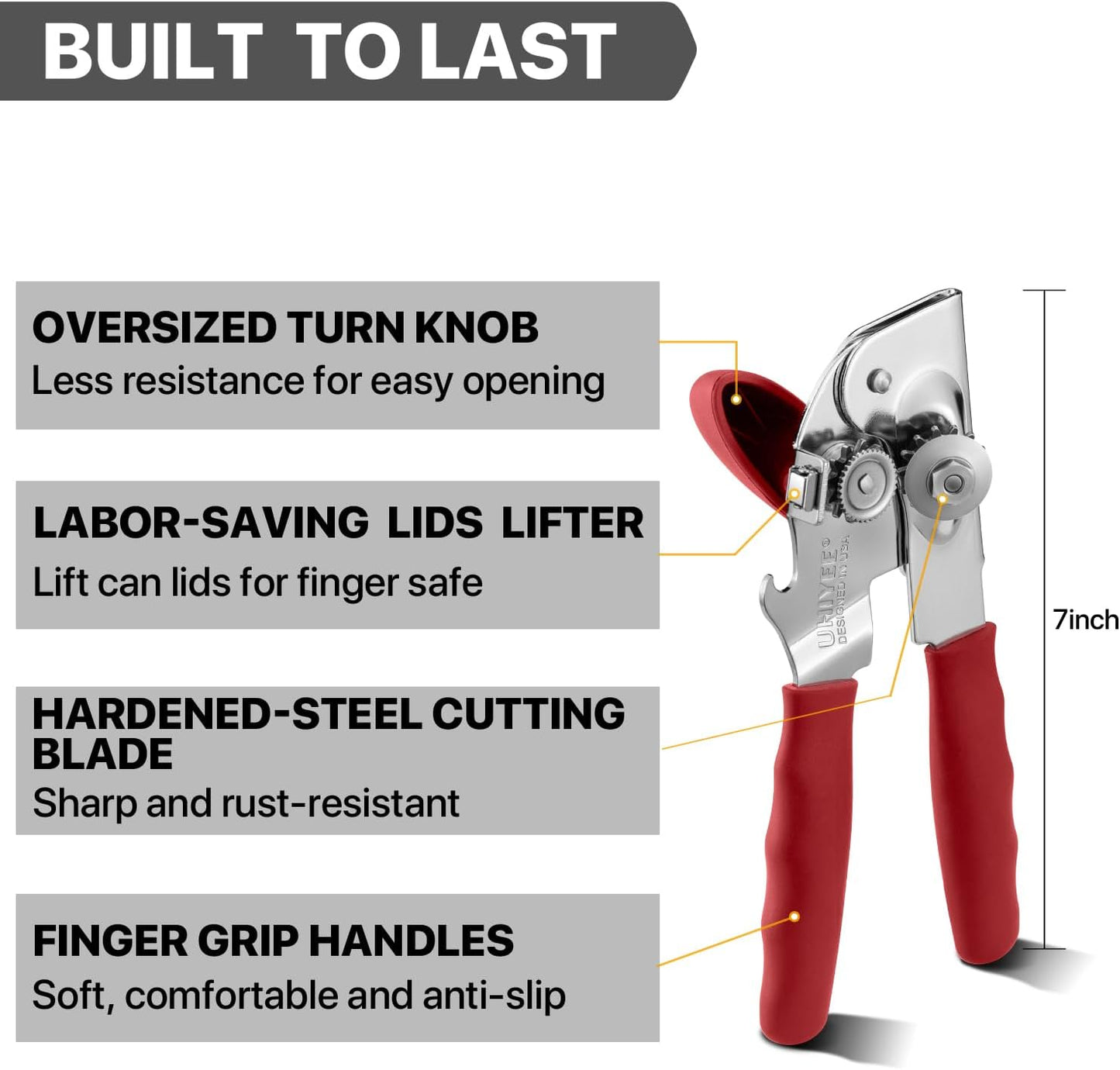 Can Opener Manual Heavy Duty, UHIYEE Hand Held Can Openers for Seniors with Comfort Grip Sharp Blade, Solid Steel Hand Manual Can Open with Magnet for Kitchen Camping, Red