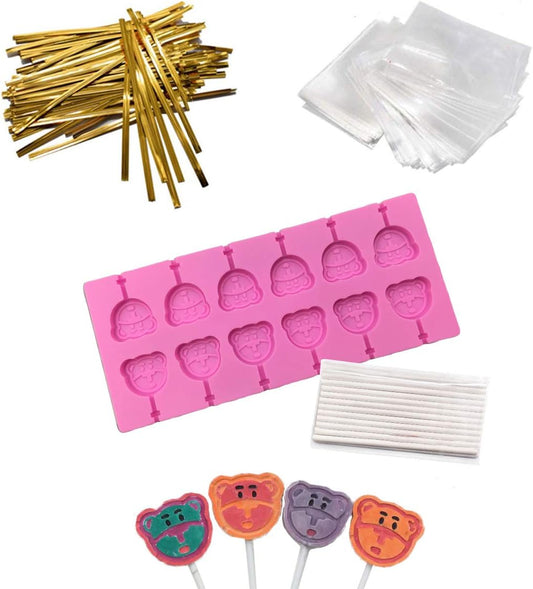 12 Capacity Silicone Bear Lollipop Mold Set, Sucker Molds and Chocolate Hard Candy Mold with 50pcs Lollipop Sucker Sticks, Candy Treat Bags, Gold Ties. (Bear)