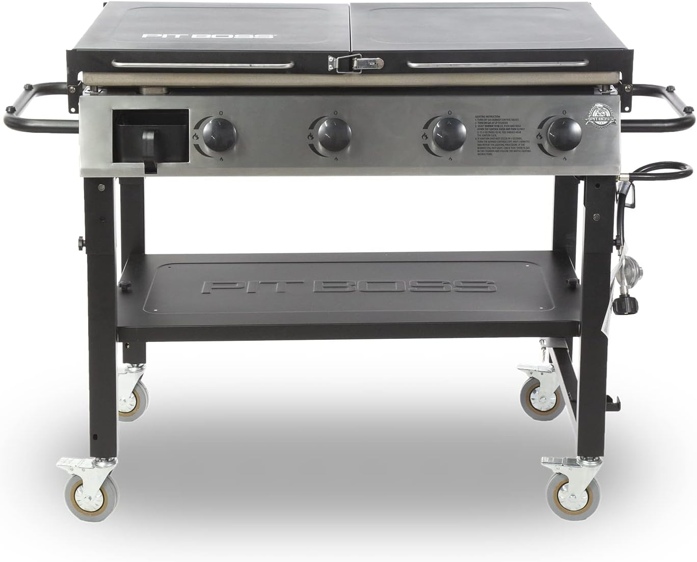 Pit Boss PB757GD Four Burner LP Fold Over Side Shelves 36" Gas Flat Top Griddle with Fitted Cover, 4 Deluxe, BLACK