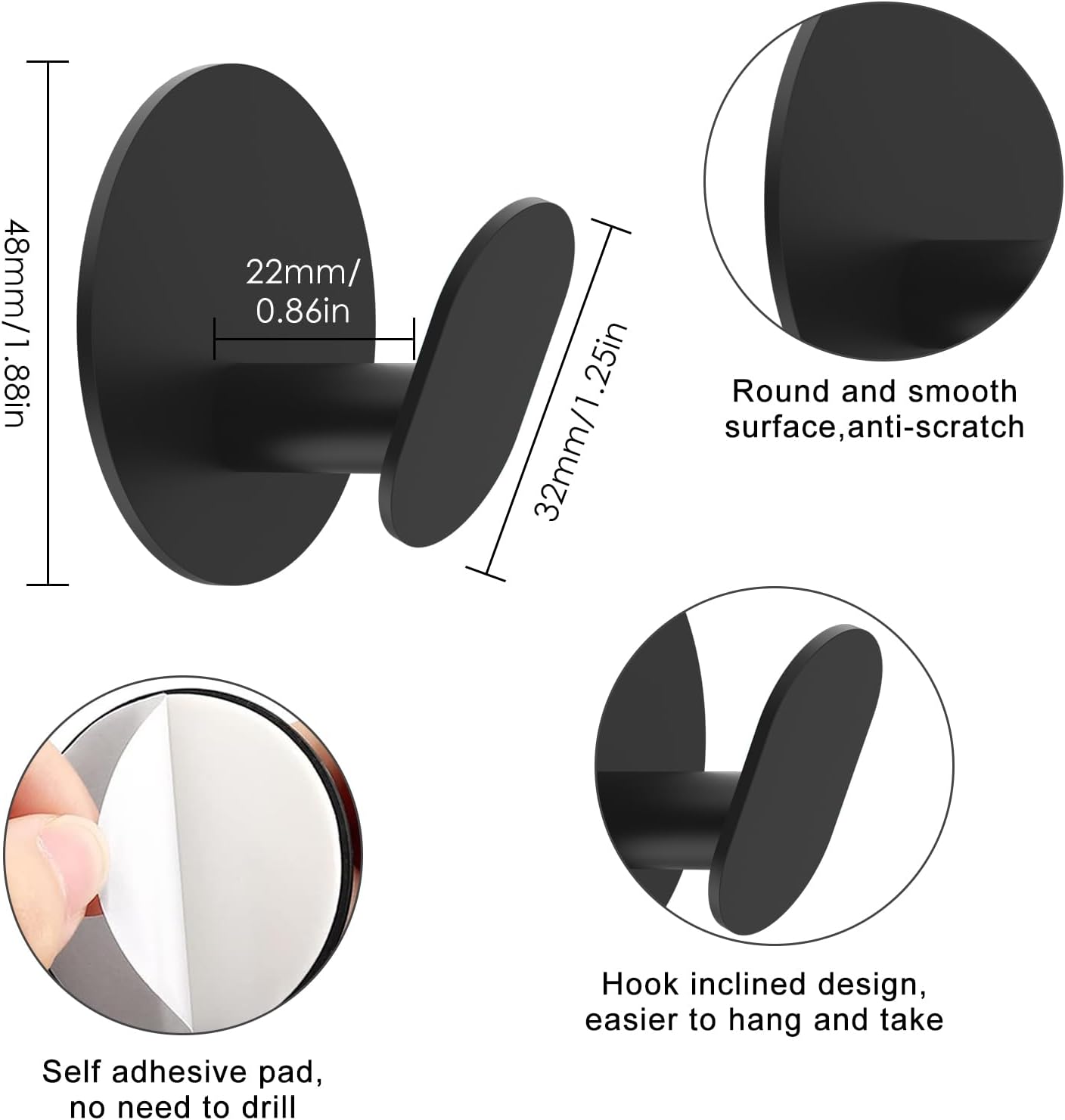 Adhesive Hooks, 4 Pack Towel Hooks Wall Hooks for Bathroom, Kitchen - Bath Robes Coat Hook for Hanging(Matte Black, Stainless Steel)