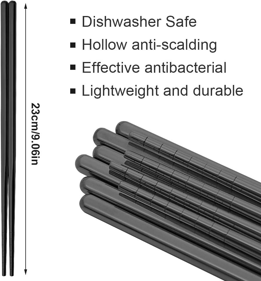 Stainless Steel Chopsticks Reusable Multicolor Lightweight 304 Metal Chopsticks Dishwasher Safe - 5 Pairs (Black)