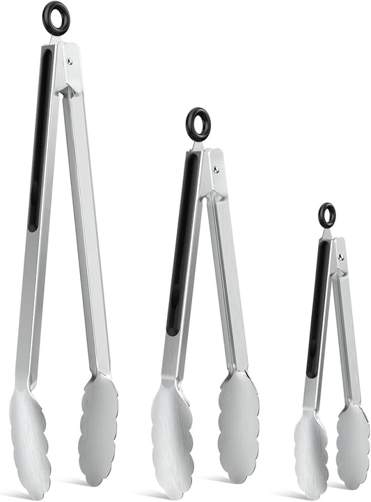 NileHome Tongs for Cooking, Professional Stainless Steel Cooking Tongs – Heat-Resistant for Grilling, BBQ, Serving Salad, Pasta, and Kitchen Use, Dishwasher Safe, Set of 7" 9" 12", Silver