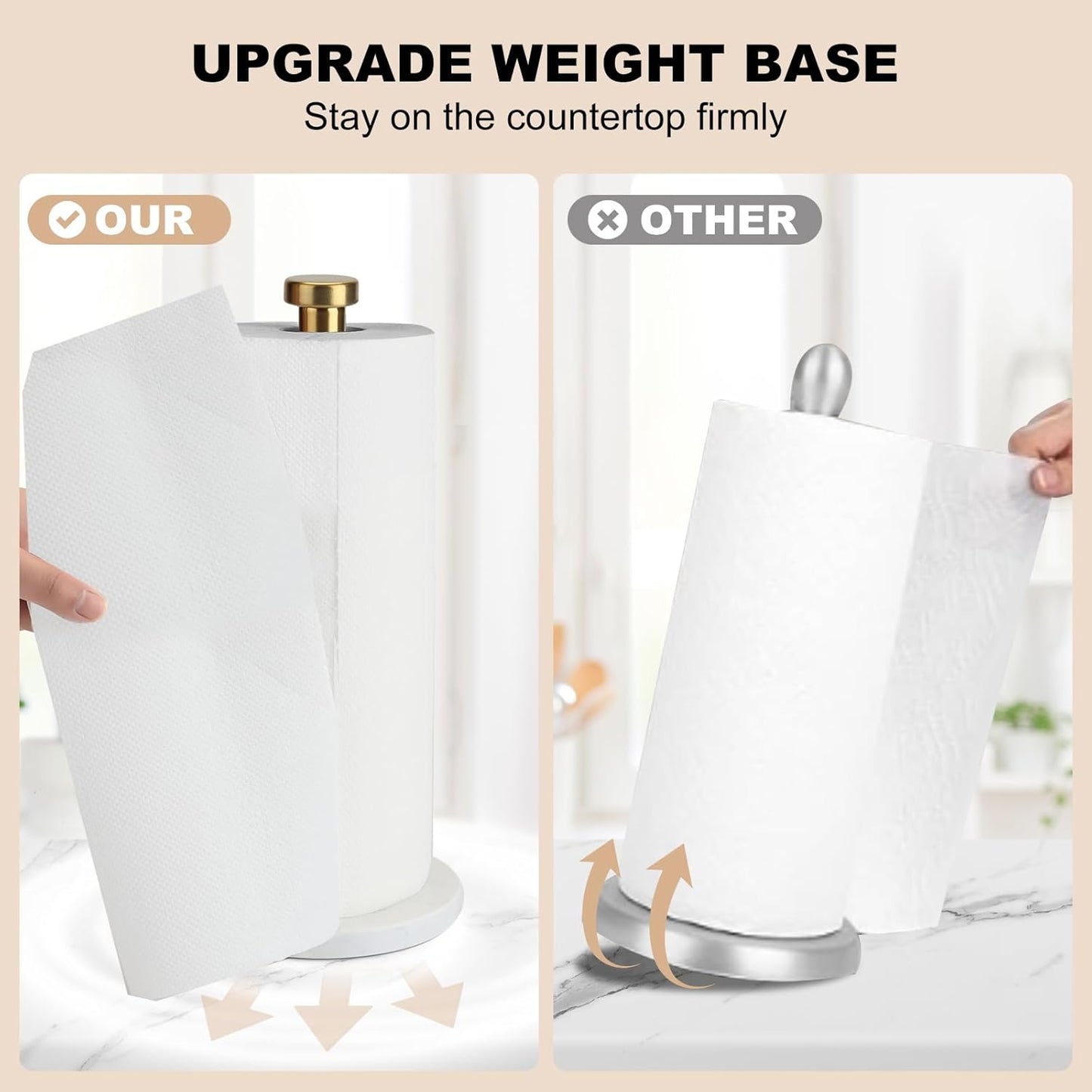 Standing Paper Towel Holder, Kitchen Paper Towel Roll Holder- for Bathroom Kitchen Countertop with Weighted Marble Base for One-Handed Operation (Gold), Marble Paper Towel Holder.…