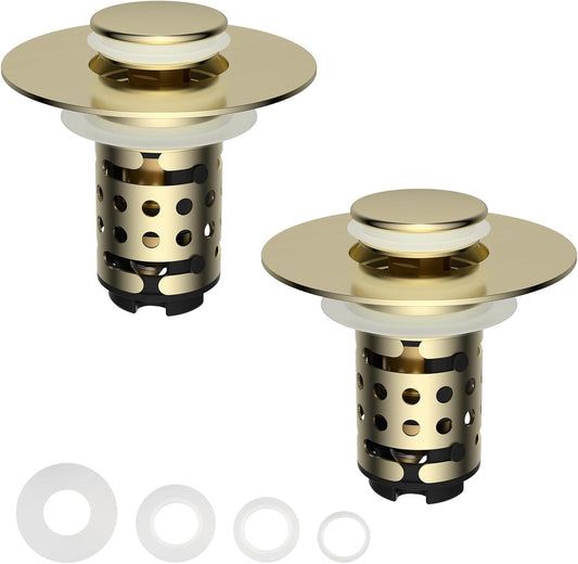 Universal Bathroom Sink Stopper Hair Catcher Upgraded with 2-Layer Detachable Filter Basket, 4 in 1 Pop Up Drain Strainer, Anti-Clog, Odor-Block, Fit for 1.1''~2.36'' Sinks, 2PCS, Brushed Gold