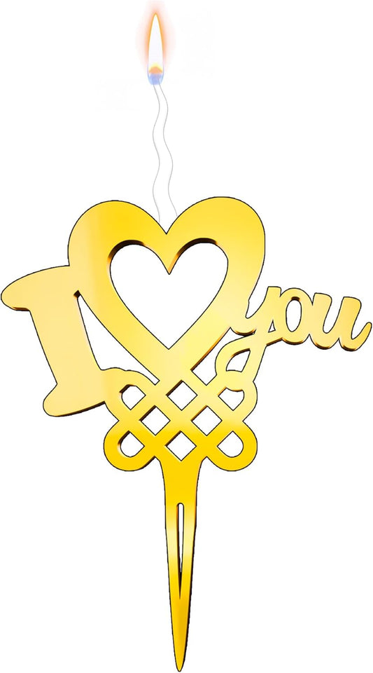 I Love You Reusable Gold Romantic Cake Candle - Luxury Cake Topper Candle for Birthdays, Weddings & Anniversaries - Reusable Food Safe Acrylic, Shiny Mirror Finish - Happy Birthday Cake Topper Decor