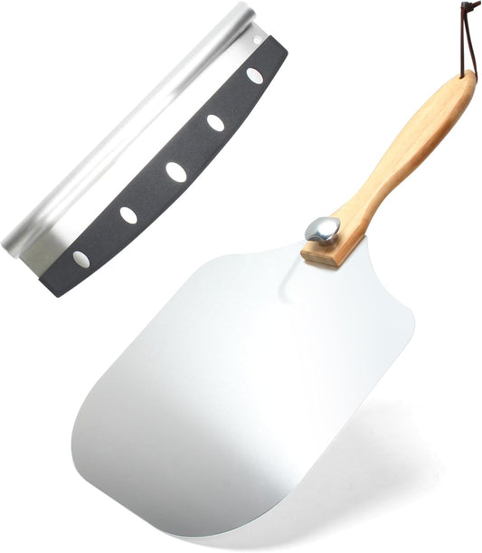 Metal Pizza Paddle with Cutter, 12-inch Metal Pizza Peel with Foldable Wooden Handle, Aluminum Turning Tunner