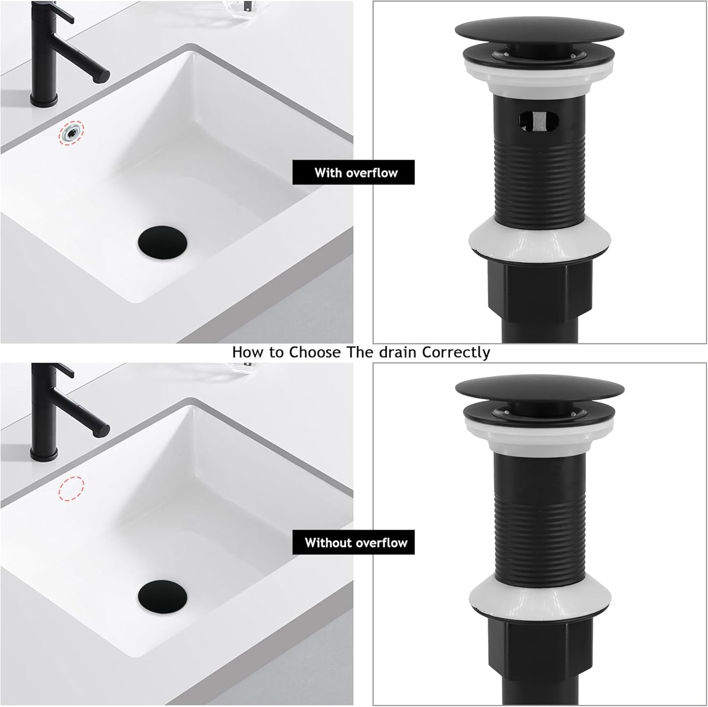 Bathroom Sink Drain,4 Pack Drain Stopper with Overflow,Pop Up Drain Assembly with Detachable Strainer Basket,Built-in Anti-Clogging, Stainless Steel Nut Mattle Black