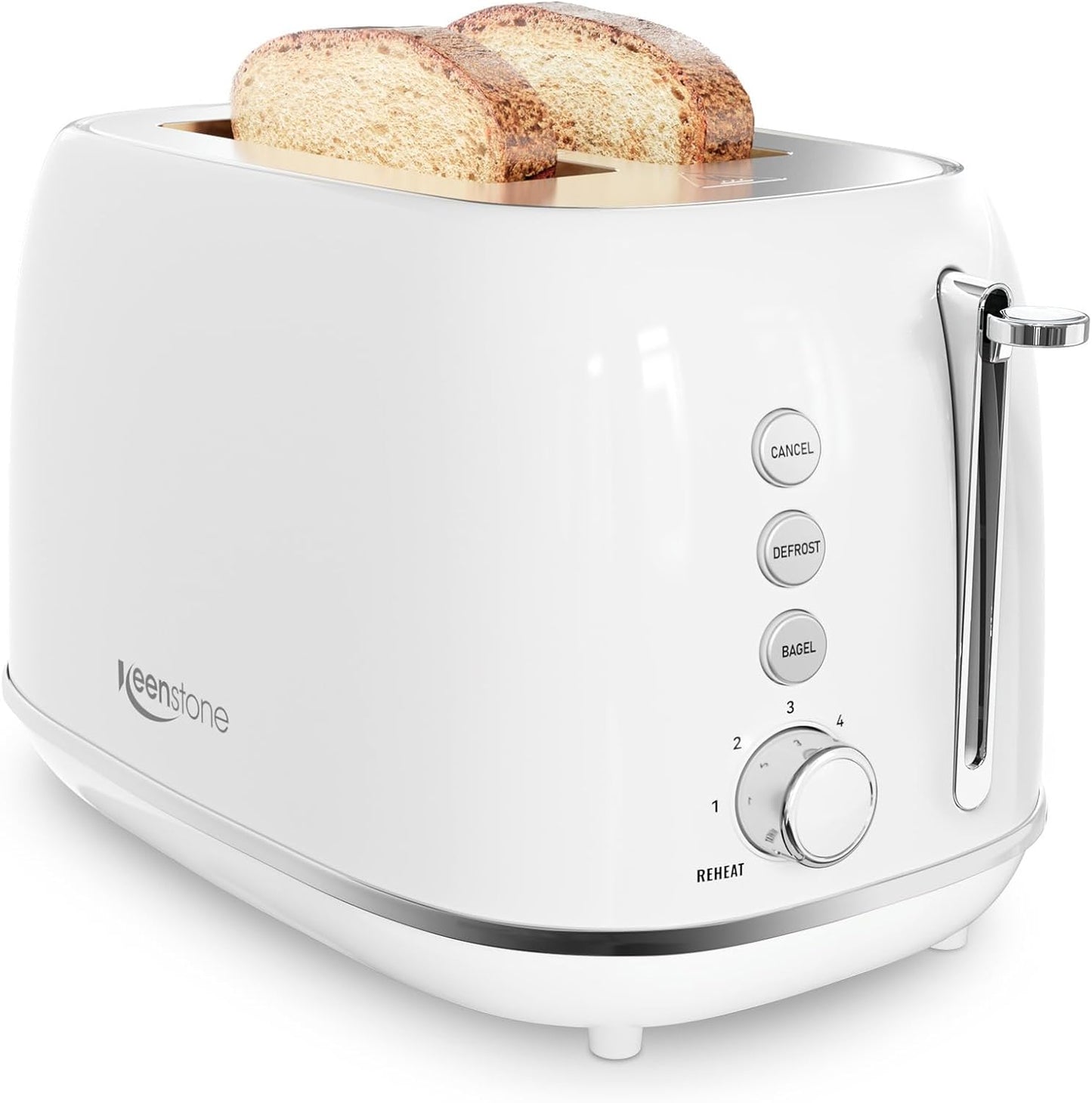 Keenstone Toaster 2 Slice, Retro Wide Slot Stainless Steel Toaster with 6 Browning Levels, Reheat & Defrost, for Bagel, Toast, Bread, Kitchen Essentials, Removable Crumb Tray, White