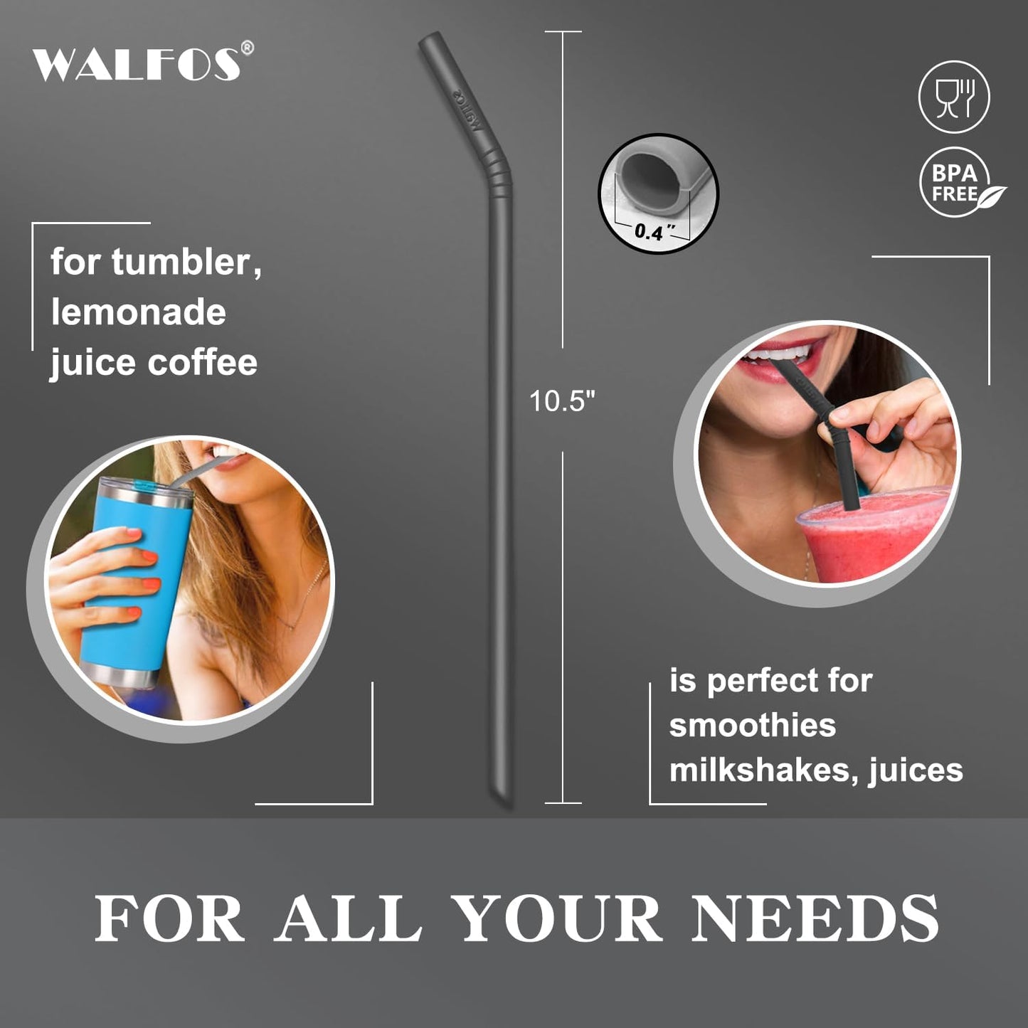 Walfos Reusable Silicone Straws -10.5 Inch Flexible Drinking Bendy straws for Smoothies/20 & 30 oz Tumblers, BPA Free (6 pcs Wide + 1 Cleaning Brushes ）