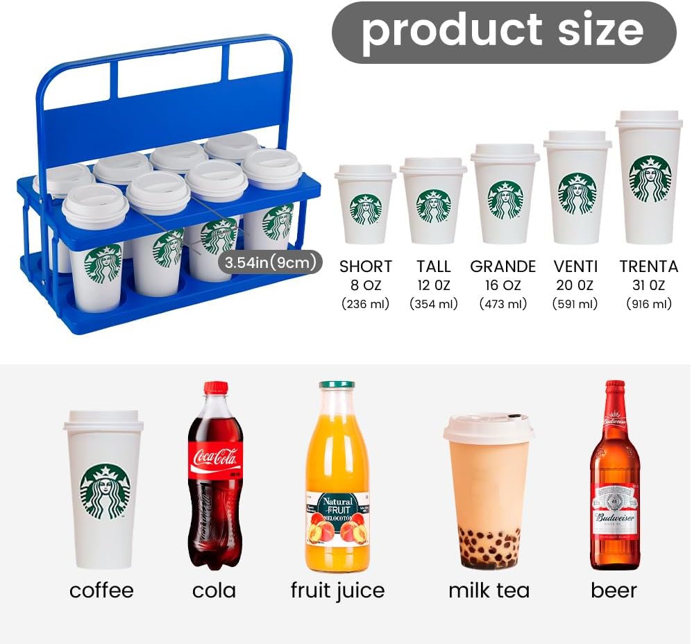 Reusable Drink Carrier with Handle for Doordash, Eats, Grubhub, Portable 8 Cup/Coffee Holder Accessories for Delivery, Foldable Drinks Caddy with Tray, Car Durable Plastic Festive Bottle, Vacation