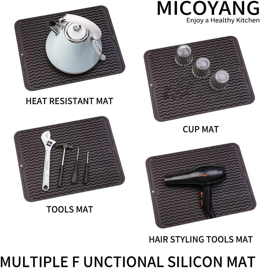 Silicone Dish Drying Mat for Multiple Usage,Easy clean,Eco-friendly,Heat-resistant Silicone Mat for Kitchen Counter or Sink,Refrigerator or drawer liner Coffee L 16 inches x 12 inches