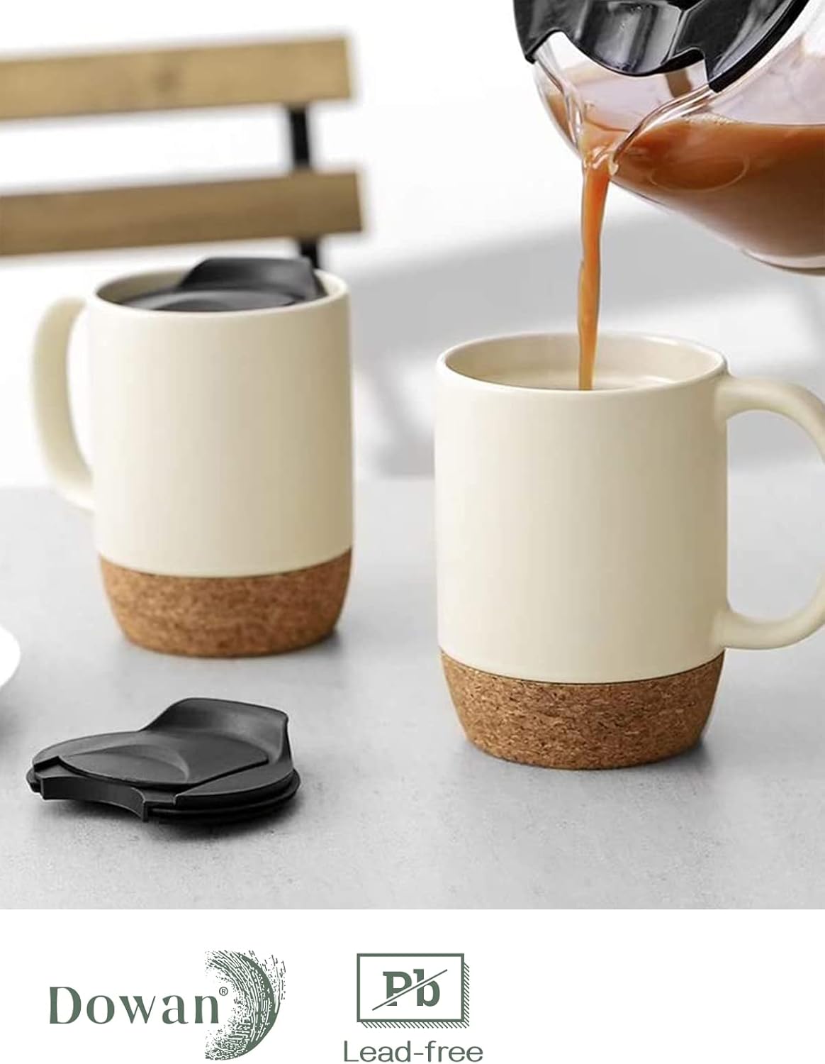 DOWAN Coffee Mugs Set of 2, 15 OZ Ceramic Mug with Cork Bottom and Splash Proof Lid, Large Coffee Cup with Handle for Tea Latte, Beige