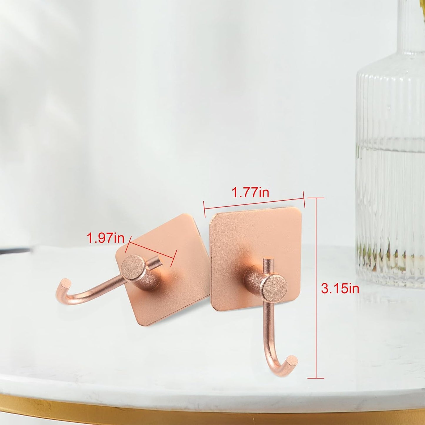 Aluminum Wall Hooks, No Drill Damage-Free Adhesive Hook, Product for Hanging Heavy Duty for Bathroom Kitchen Home (Curved Square Rose Gold Hook, 4)