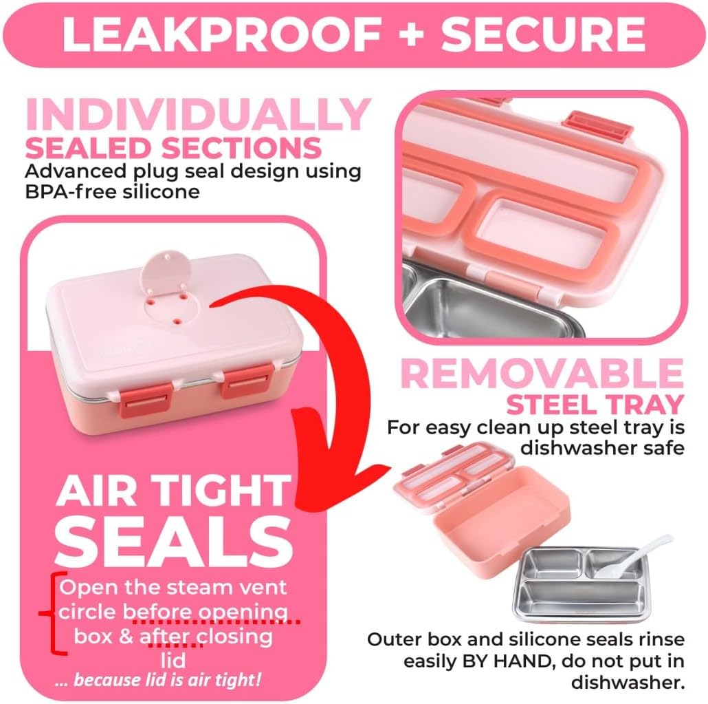 Stainless Steel Lunch Box for Baby Toddlers Girls, Mini Bento, 3 Eco Metal Portion Sections Leakproof Lid, Pre-School Daycare Lunches, Toddler Kids Spill-Proof Snack Container, 18 oz/550 mL Pink