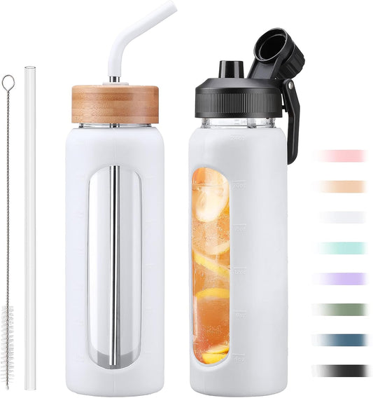 Glass Water Bottle with Straw, 24oz Glass Drinking Bottle with 2 Lids-Bamboo and Spout Lid with Phone Holder Handle for Gym Sports,with Silicone Sleeve and Time Marker,White