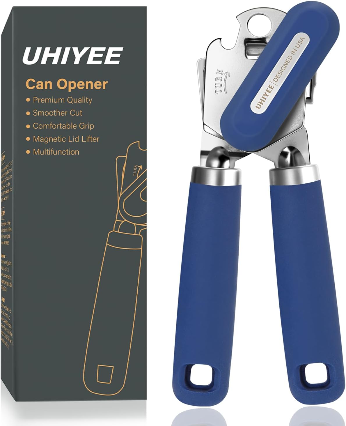 Can Opener Manual, UHIYEE Hand Held Manual Can Openers Heavy Duty with Smoother Cut Sharp Blade, Manual Hand Can Open with Soft Handle, Easy to Turn Knob, Magnetic Lid Lifter, Blue