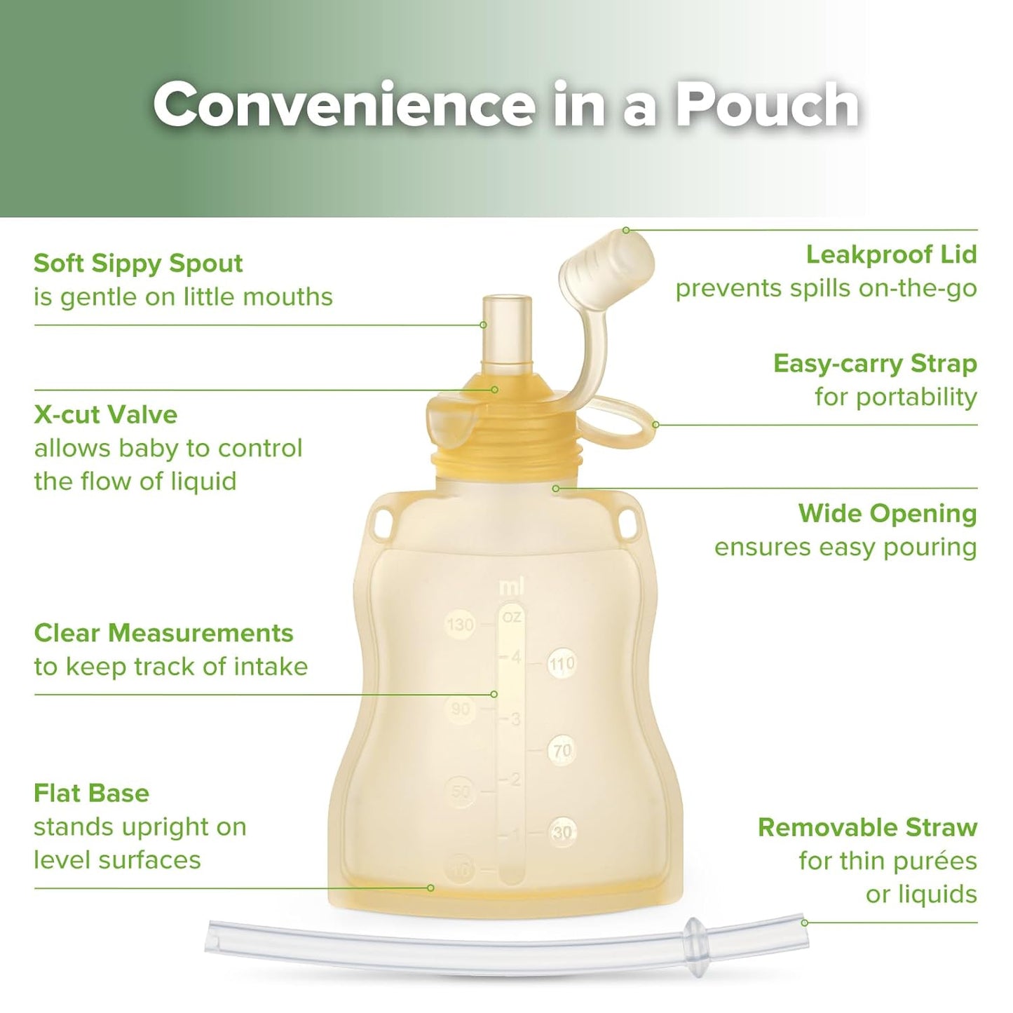 haakaa Baby Food Pouch Refillable Baby Squeeze Silicone Yummy Pouch, Soft Reusable Squeeze Storage Food Pouch for Kids Toddler,Home Made Food Puree,Smoothie Pouch Bag, 4oz, 4 Pack,6m+ (Yellow)