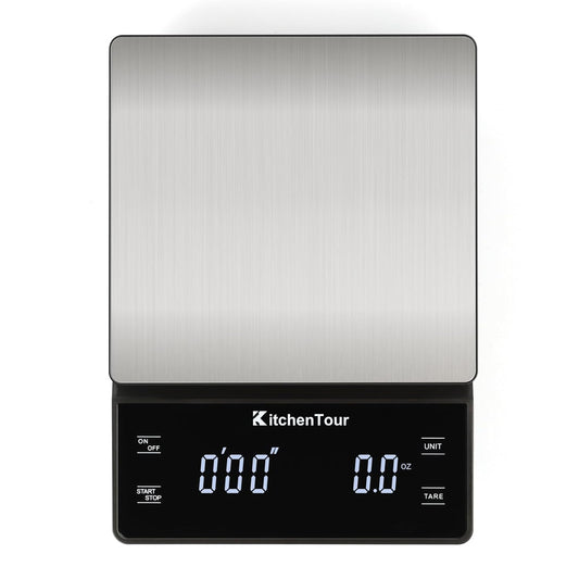 KitchenTour Coffee Scale with Timer 3kg/0.1g - High Precision Pour Over Drip Espresso Scale with Back-Lit LCD Display - Stain Steel Platform(Batteries Included)