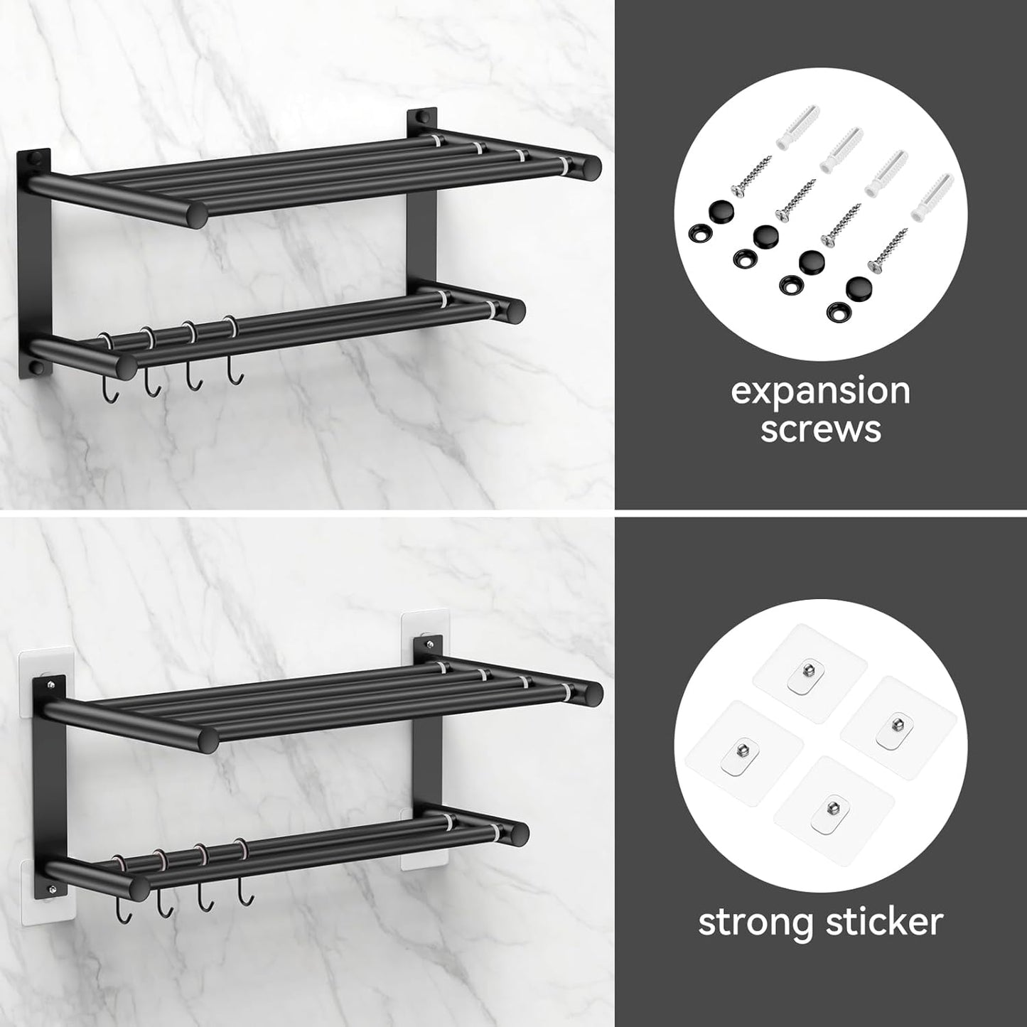Adjustable Towel Bar for Bathroom Wall Mount17-30.7inch Adhesive Shower Towel Rack Stainless Steel Bath Towel Holders for Toilet Kitchen Double Towel Hanger (Black Mobile Hook Towel Rack)