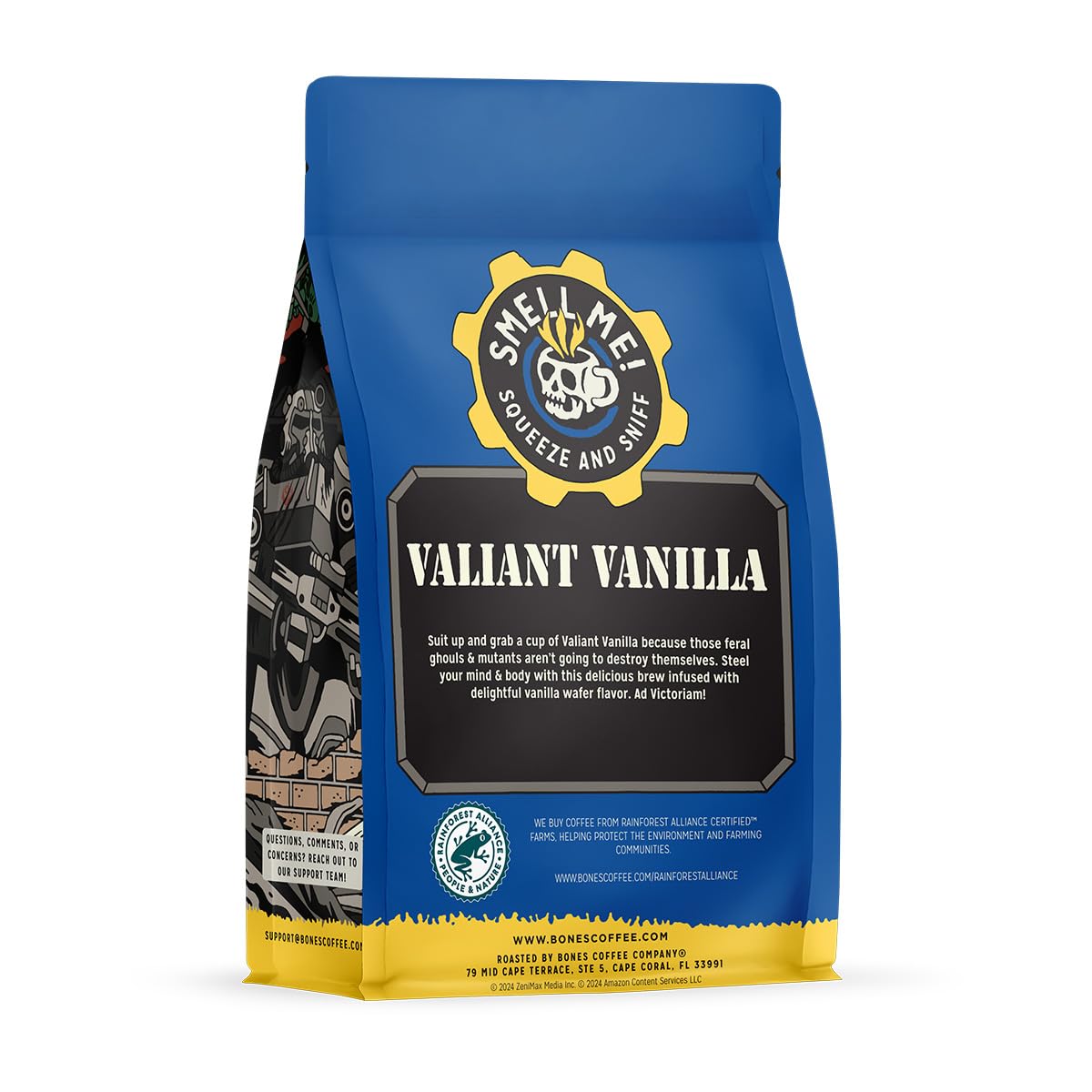 Bones Coffee Company Fallout Valiant Vanilla, Vanilla Wafer Flavored Coffee, Medium Roast Low Acid Arabica Beans Compatible with Auto drip and French Press Coffee Maker, 12 Oz Whole Bean