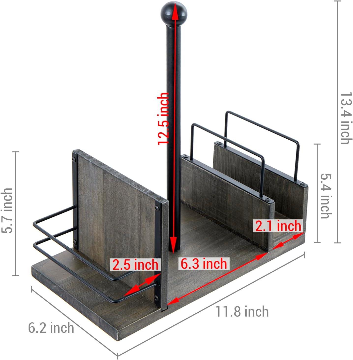 MyGift All-in-One Paper Towel Holder Kitchen Caddy, Vintage Gray Solid Wood and Industrial Matte Black Metal Dining Combo Rack with Paper Towel Dispenser, Napkin Holder, and Spice Rack