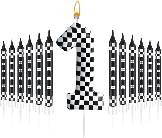 13 Pcs Racing Cars Themed Birthday Candles Black and White Race Number 1 Checkered Candle Cake Topper for Racing Car Party Decoration Supplies (Number 1)