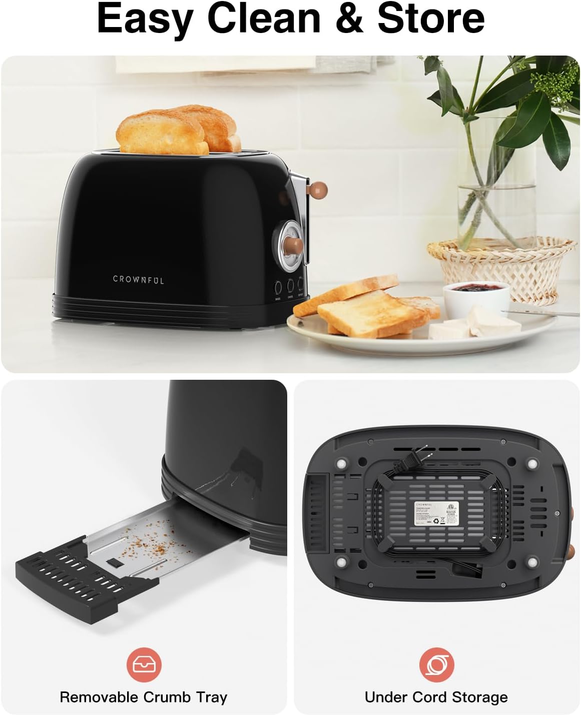 CROWNFUL 2-Slice Toaster, Extra Wide Slots Toaster, Retro Stainless Steel with Bagel, Cancel, Defrost, Reheat Function and 6-Shade Settings, Removal Crumb Tray, Black