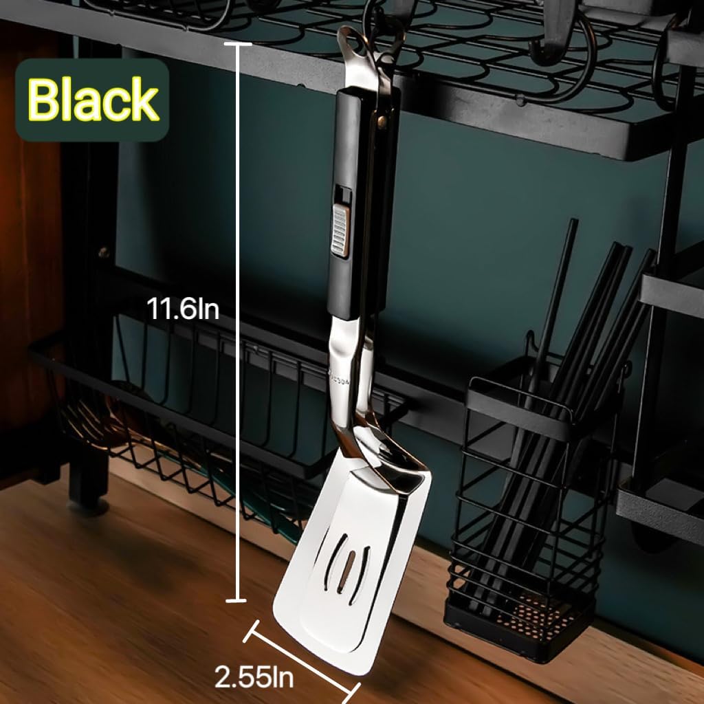 Kitchen Cooking Tongs 11.6 inch 304 Stainless Steel Grill Clamp Spatula for Flipping Bread Steak Fish Toast-Sliding Buckle Push Pull Design Barbecue Food Clip Black