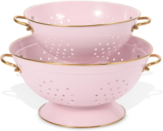 Metal Colander Set of 2, Strainer Basket with Handles 3.5 & 5 Qt Powder Coated Self-draining Solid Ring Base Metal Large Kitchen Colander Bowel for Pasta Vegetable Fruit (PINK), 2pack