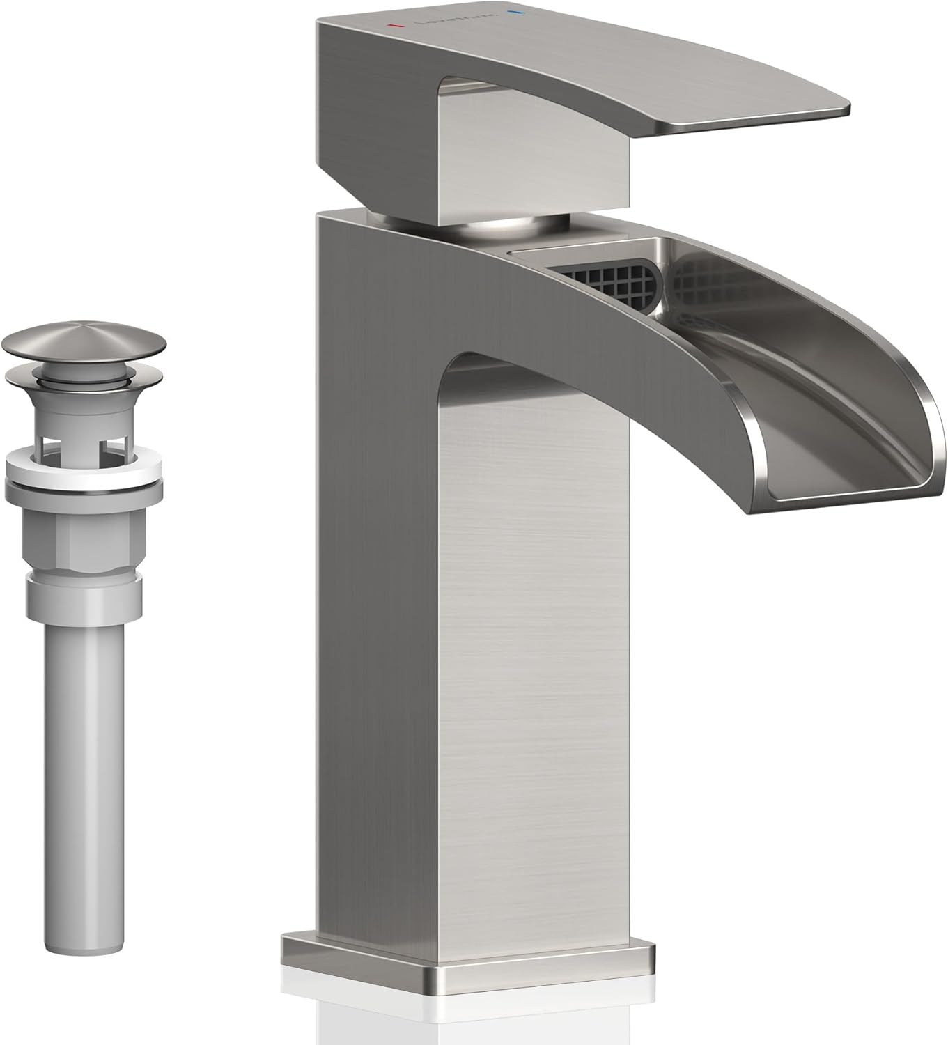 Brushed Nickel Bathroom Faucet Waterfall, Vanity Faucet Brass for Sink 1 Hole Single Handle Modern Mixer Tap with Pop-up Drain Stopper for Lavatory Farmhouse RV