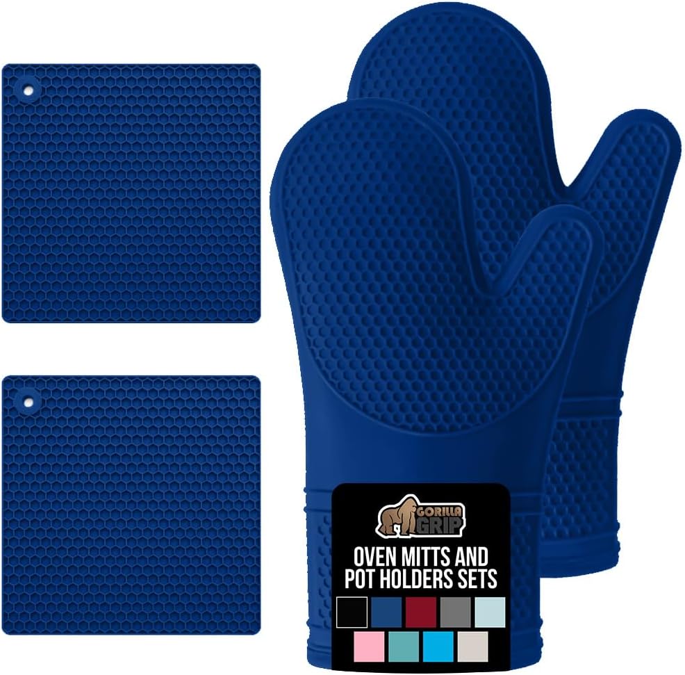 GORILLA GRIP BPA-Free Soft Silicone Oven Mitts and Pot Holders Sets of 4, Heat Resistant Waterproof Cooking Gloves, Thick Cotton Lining, Flexible Gripping for Baking Grilling, Kitchen Trivets, Blue