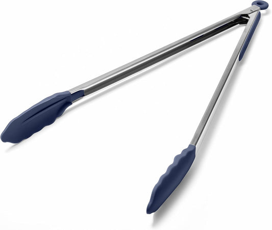 Doosu Kitchen Tongs for Cooking - 600°F Heat Resistant Food Tong with Non-Scratch Silicone Tips, Heavy Duty Stainless Steel Locking Tong for BBQ, Grilling Steak, Serving Salad Pasta (16in, Navy Blue)