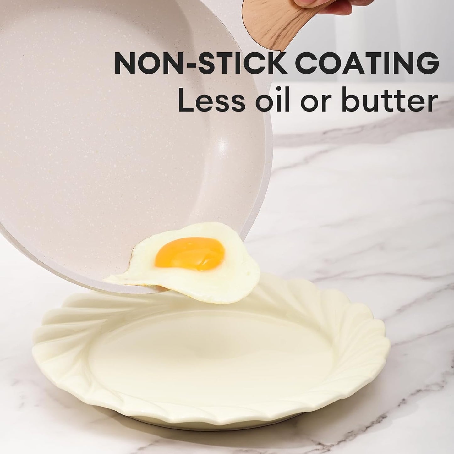 JEETEE 9.5 Inch Nonstick Frying Pan, Stone Coating Cookware, Nonstick Omelette Pan with Heat-Resistant Handle, Induction Skillet for Eggs(Beige)