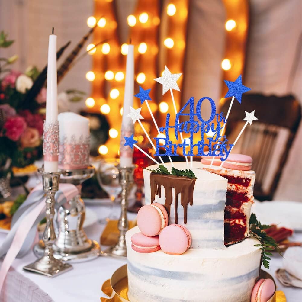 Glittery 40th Happy Birthday Cake Topper with Star,Personalised 40 Birthday Cake Toppers Party Decorations Party Supplies for Men Women Blue