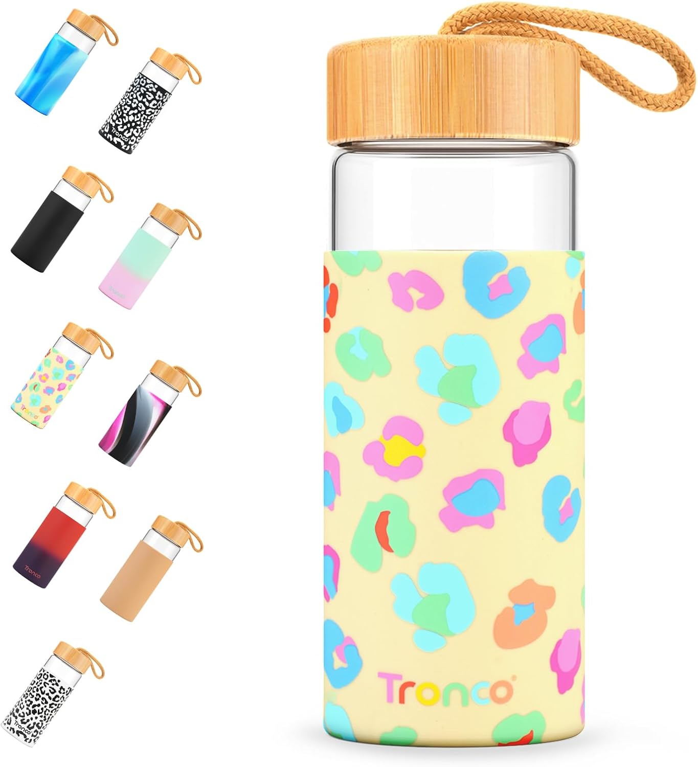 Tronco 20oz Borosilicate Glass Water Bottle with Bamboo Lid, Non-Slip Silicone Sleeve, Leak-Proof and Reusable Glass Bottle Perfect for gifts,Travel, Gym, and Everyday Use, BPA-Free, Dishwasher Safe