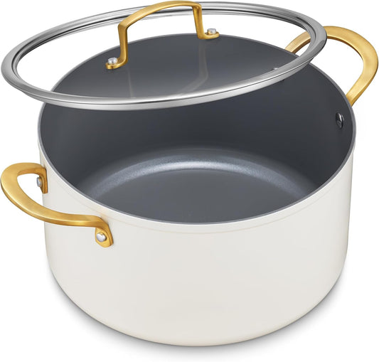 BEZIA 8 Quart Ceramic Stock Pot, Non Toxic Soup Pots with Lid, Non Stick Pot with Stainless Steel Handle, Compatible With Most Cooktops, Even Heat Distribution, Perfect for Soups & Stews, Cream