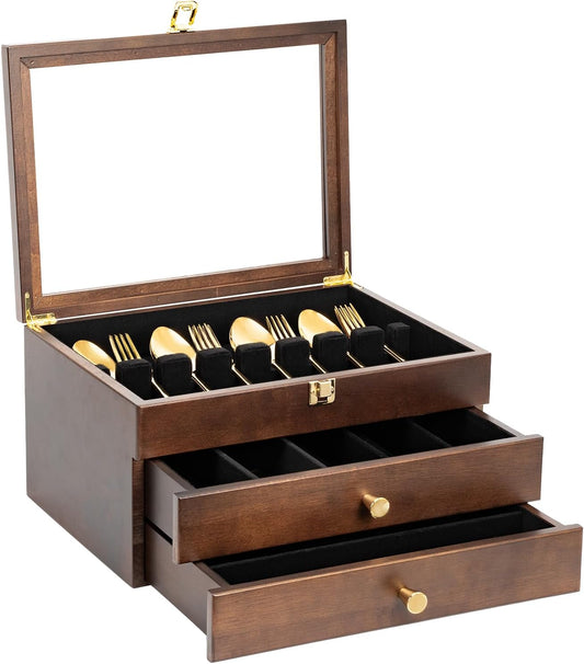 Silverware Box, 3-Layer Wooden Silverware Storage Box with Glass Lid, 14.5×10.6 Inches Luxury Style Decor Flatware Storage Case for Fine Flatware & Utensils, Gift Idea (Walnut)