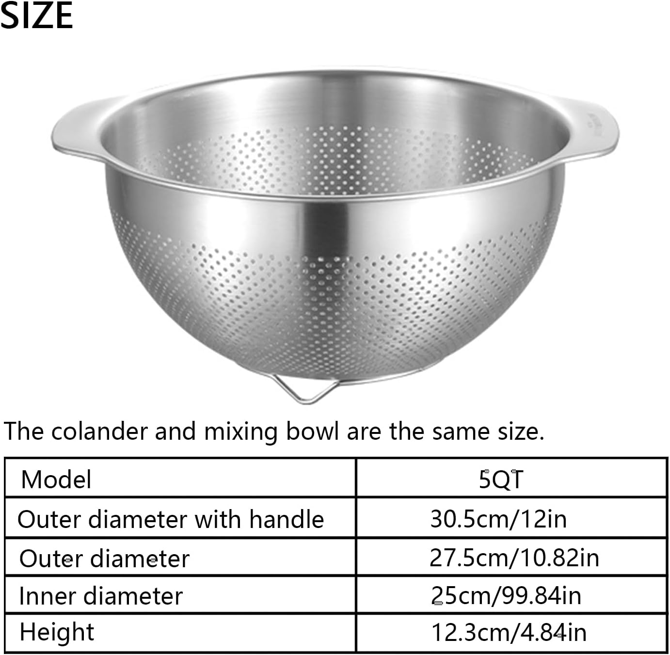 18/8 Stainless Steel Microwell Colander, 5QT Large Capacity with Handle Kitchen Food Strainer Basket for Washing Vegetables, Fruits, Rice, and Pasta (primary colour, 5QTColander+5QT Mixing bowl)