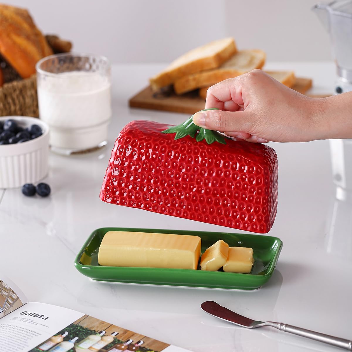 Strawberry Butter Dish with Lid, Ceramic ButterDish, Large Kitchen Strawberry Butter Holder, Serving Tray with Cover, Butter Storage Container, Holds 1 Stick (Red, Large)