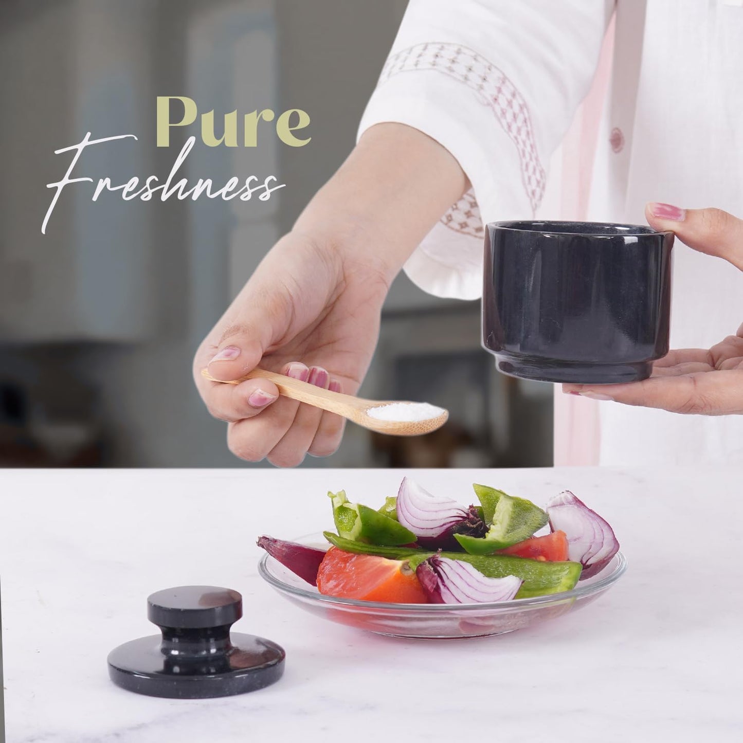 Marble Salt Cellar with Lid 3" Inch Black Spice Jar & Stone Salt Container For Kitchen Countertop, Modern Sugar Bowl