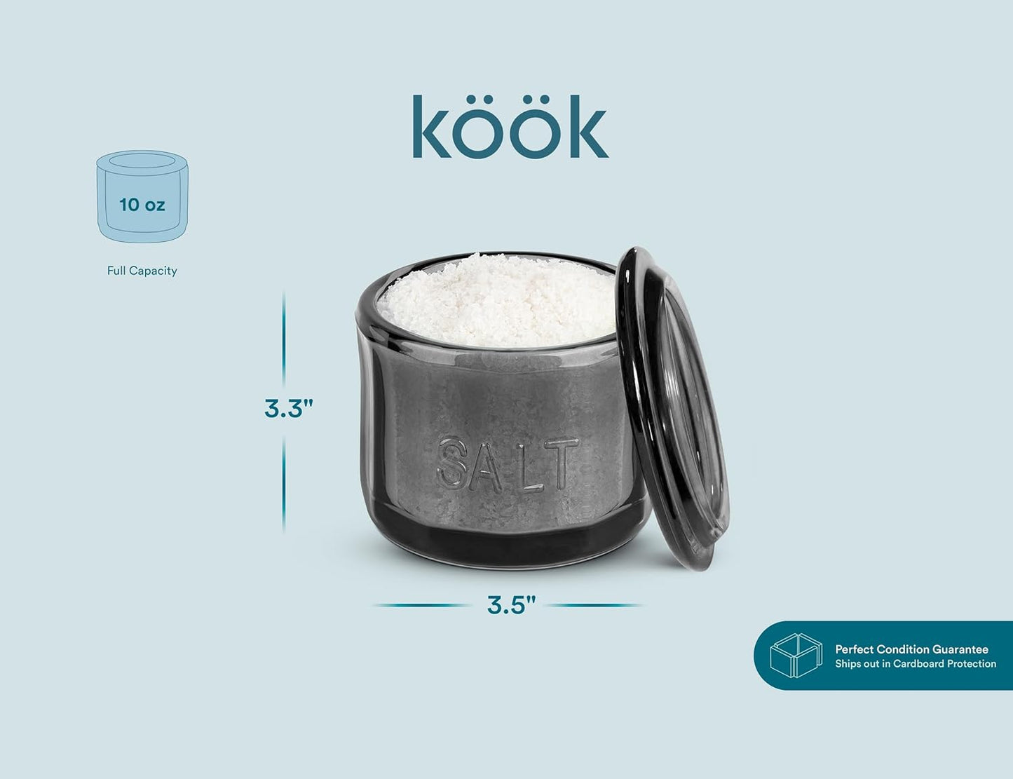 KooK Glass Salt Cellar, with Lid, Embossed Pressed Glass, Clear Storage Container, for Coffee, Sugar, Spices and Candies, 10 oz (Black)