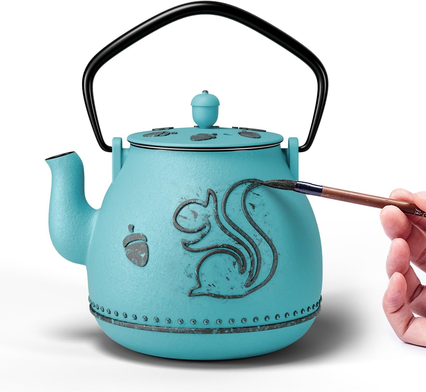 Toptier Teapot with Removable Infuser, Cast Iron Tea Kettle Stovetop Safe, Squirrel Design Tea Pot Coated with Enameled Interior for 32 Ounce (950 ml), Blue
