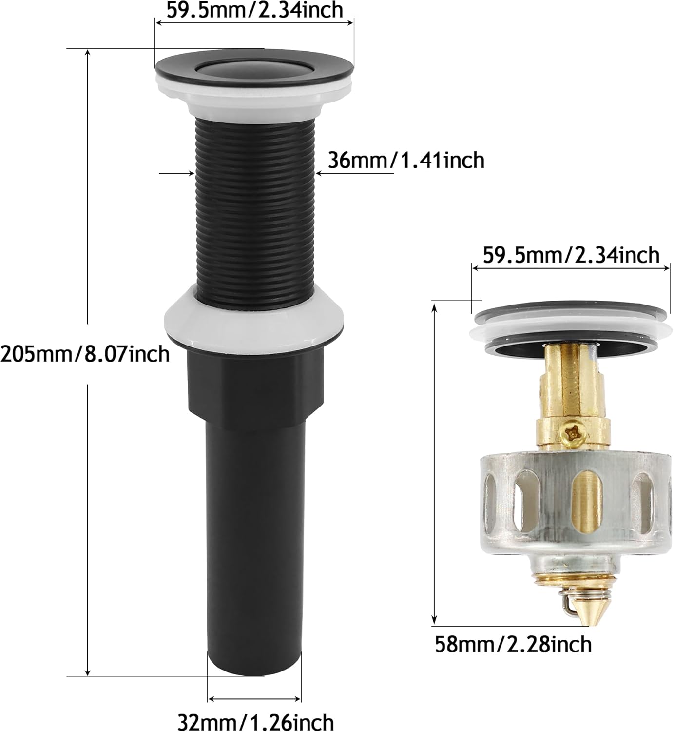 Bathroom Sink Drain,2 Pack Matte Black Drain Stopper Without Overflow,Small Cap Pop Up Drain Assembly with Detachable Strainer Basket,Built-in Anti-Clogging, Stainless Steel Nut