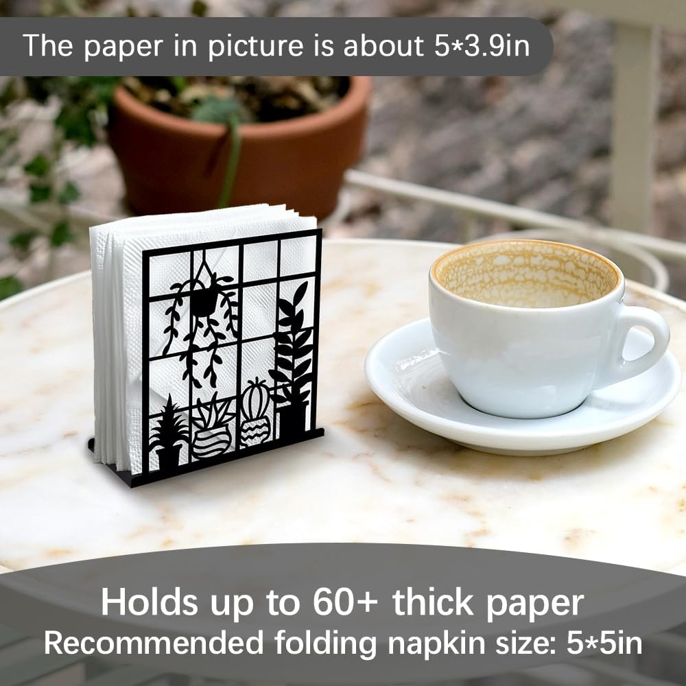 Potted Plant Decorative Black Metal Napkin Holder for Table, 4.9"x5.3"x1.9" Window Sill Hanging Basket Standing Napkin Holder for Home Kitchen Restaurant Picnic Party Coffee Bar Dining Room