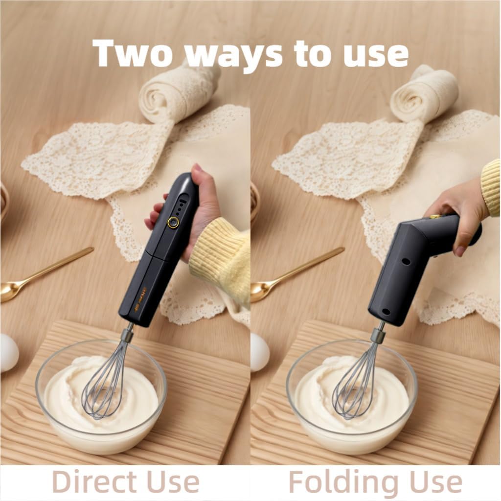 Cordless Hand Mixer, Foldable Design Handheld Electric Whisk with 3 Speed Modes, Hand Held Egg Beater with 2 Detachable Stir Whisks (Black)