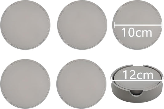 5-Piece Silicone Coasters Set with Holder - 3.9“ Non-Slip & Anti-Overflow Design for Hot/Cold Drinks | Thickened Kitchen & Living Room Decor, Housewarming Gifts for Men (Coffee, Beer, All Cup Types)