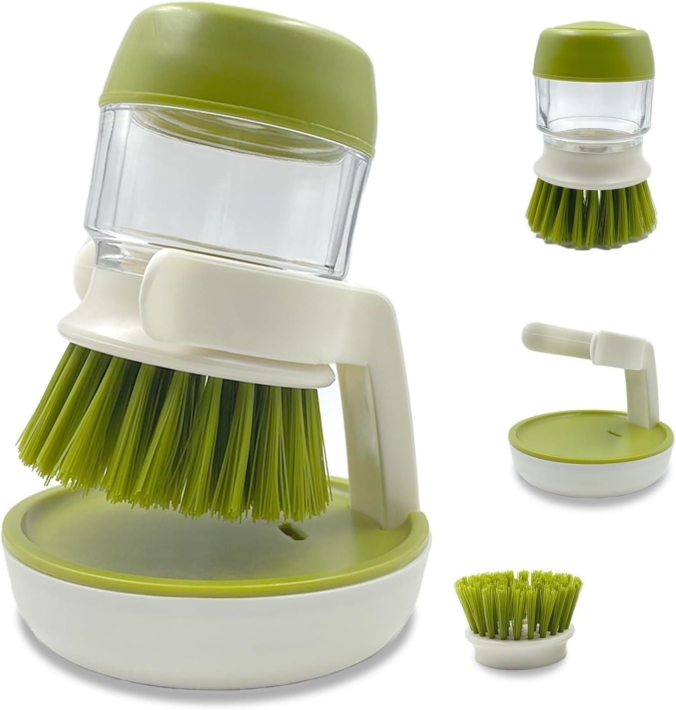 Soap Dispenser Palm Dish Brush with Storage Bracket – Drainage Base, Easy-to-Clean Kitchen Utensil Cleaner | Includes Extra Soft Bristle Brush (Green)