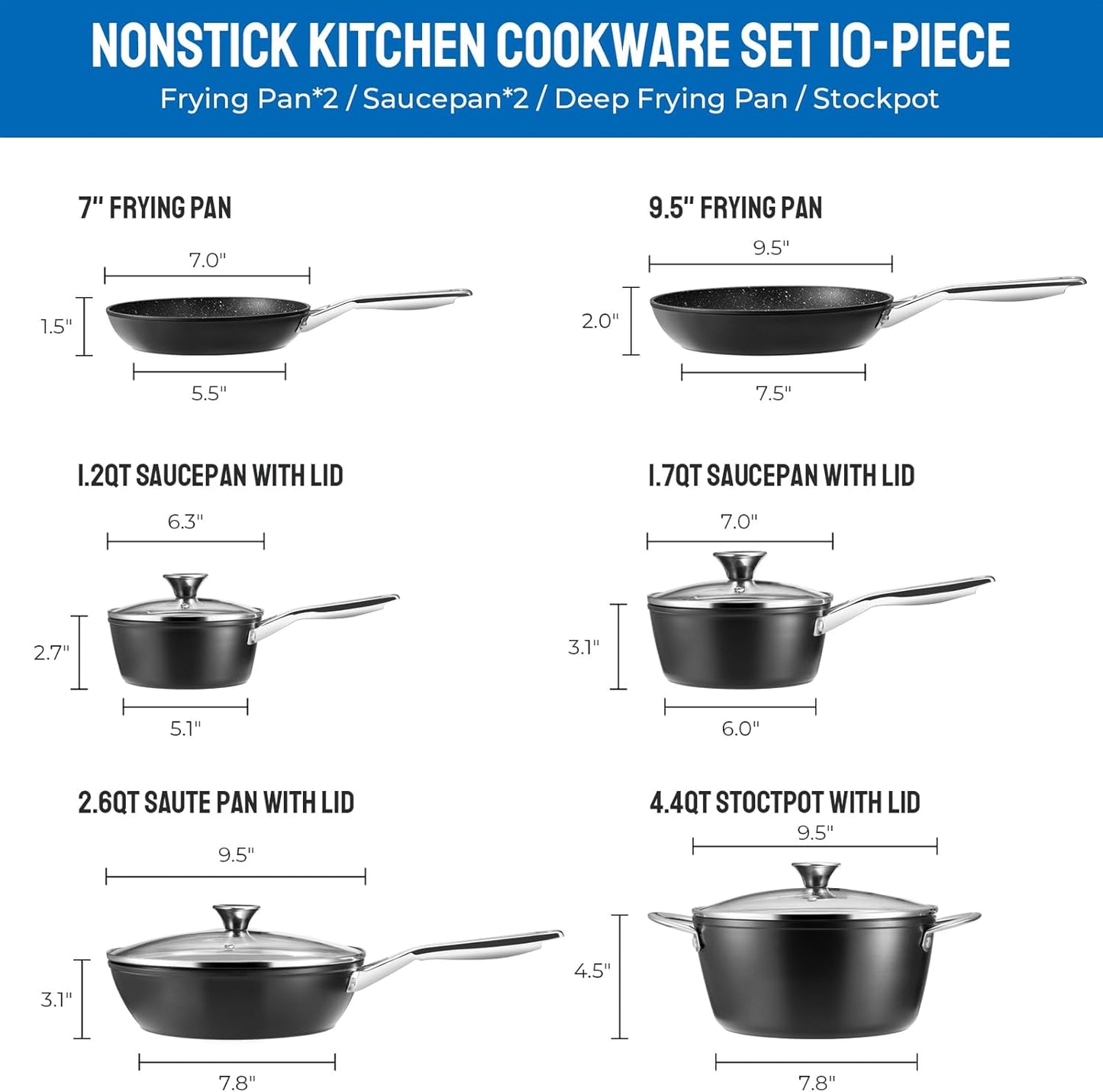 Induction Cookware Nonstick, BEZIA Pots and Pans Set for Induction Cooktop, Compatible with All Stoves, Dishwasher Safe Kitchen Cooking Pan Set with Frying Pans, Saucepans & Stockpot, 10-Piece (Black)
